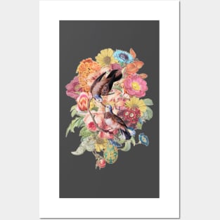 Romantic Vintage Birds with Flowers Posters and Art